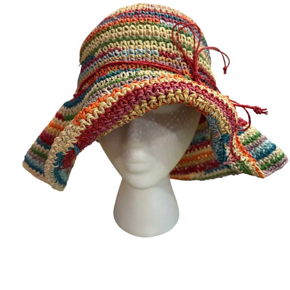 J Hats Rainbow Striped Paper Straw Floppy Sun Hat Beach Festival Multicolor OSFA